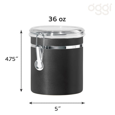 Oggi Stainless Steel Kitchen Canister 36 fl oz, Black - Airtight Clamp Lid, Clear See-Thru Top - Ideal for Kitchen Storage, Food Storage, Pantry Storage. Size 5